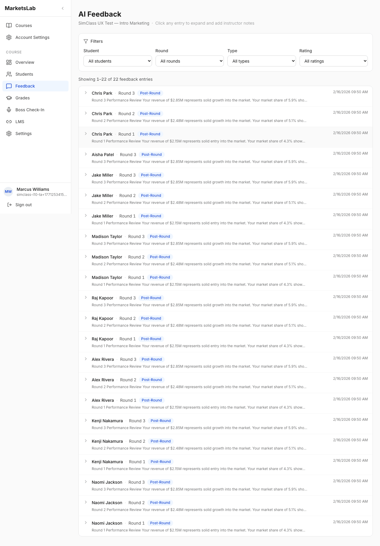 Instructor AI feedback browser showing Socratic dialogue history across all students, filterable by student, round, type, and rating