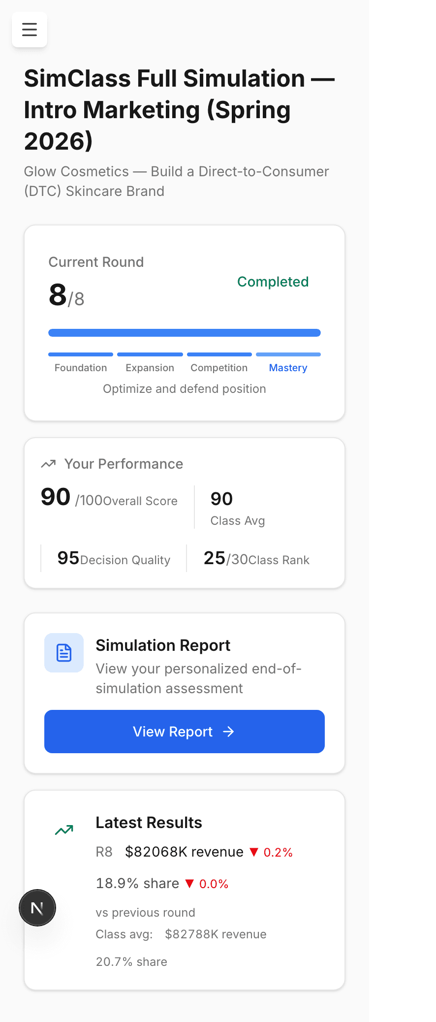 Mobile view of student simulation dashboard showing current round, market share, and action buttons