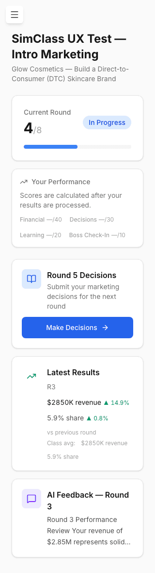 Mobile view of AI Socratic feedback with personalized coaching questions about marketing decisions