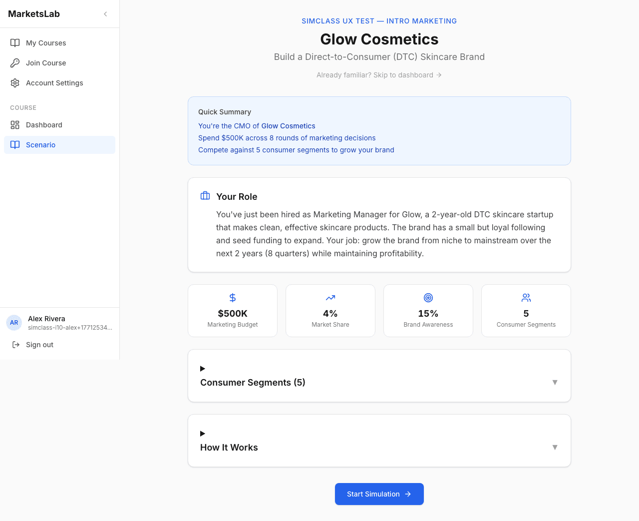 Student decision interface with clean pricing, channel, and feature selection UI
